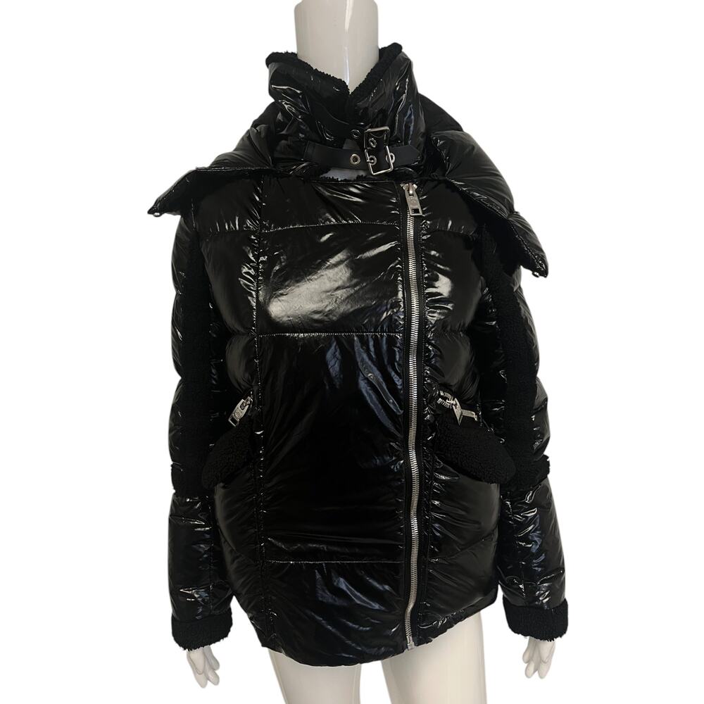 SERIES BY NICOLE BENISTI Black Down Puffer Coat Shearling Collared Jacket XS